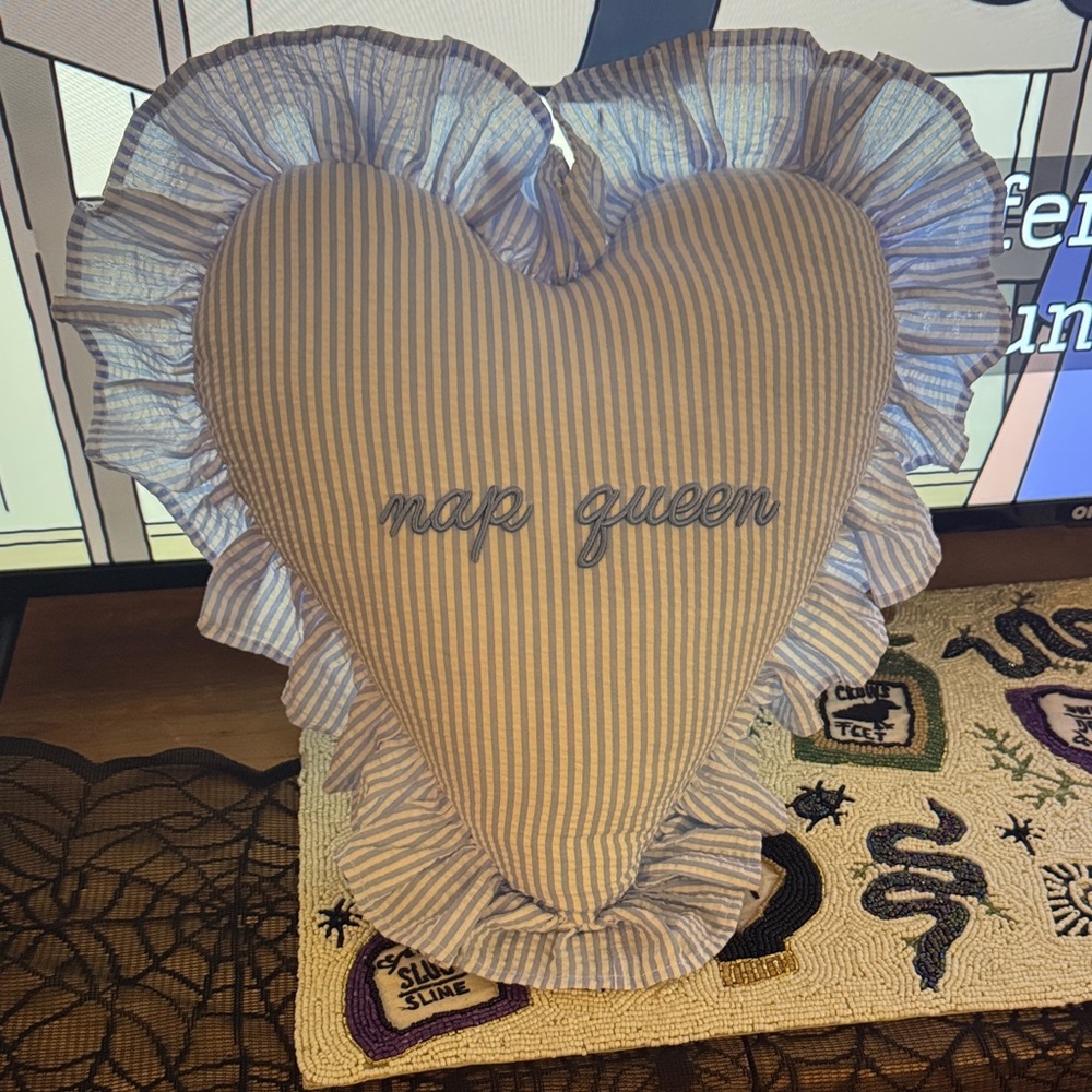 Striped Heart-Shaped Pillow with Ruffles